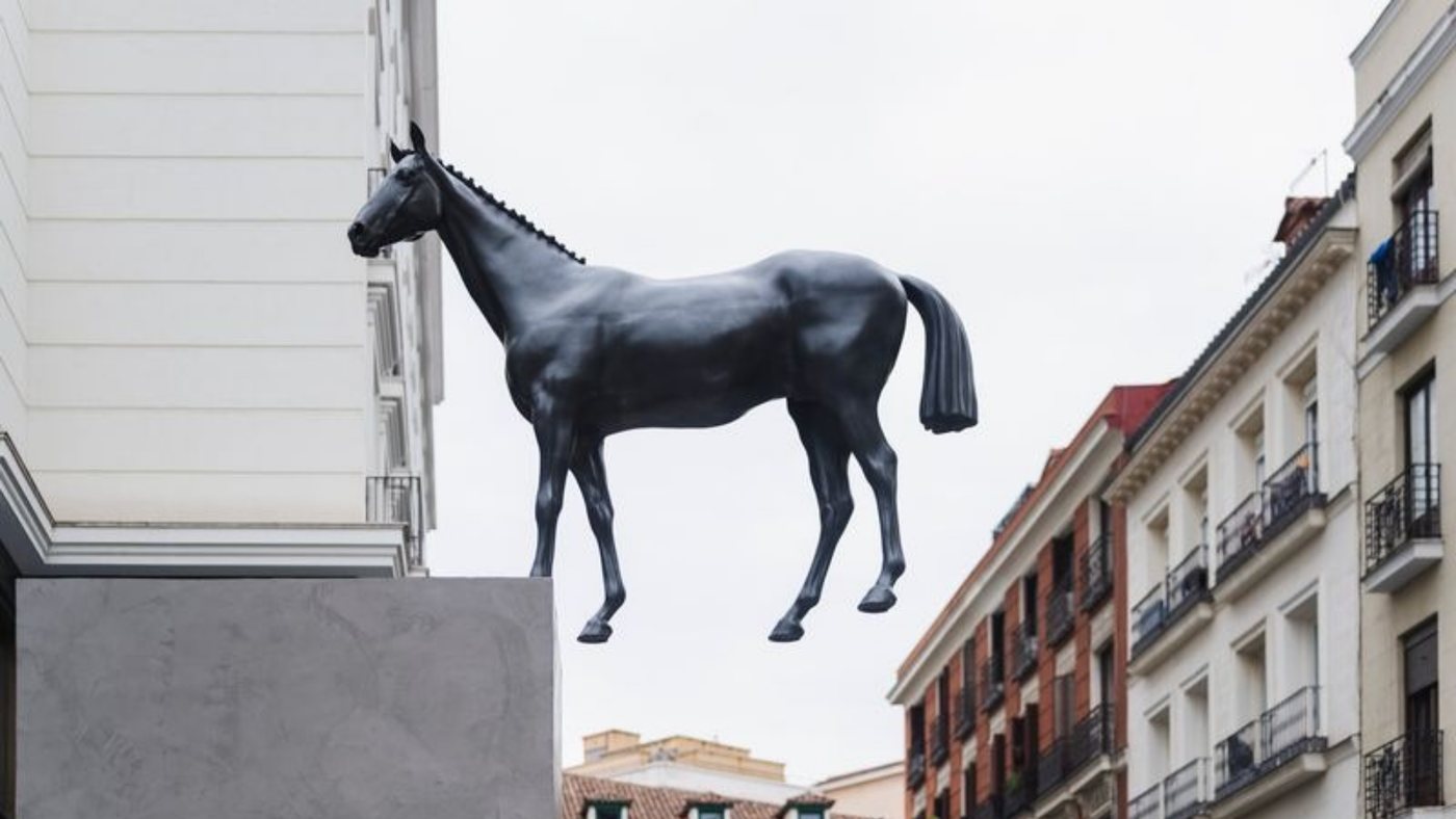 Bronze Horse Sculpture by Gonzalo Lebrija Installed in Madrid's Plaza del Carmen